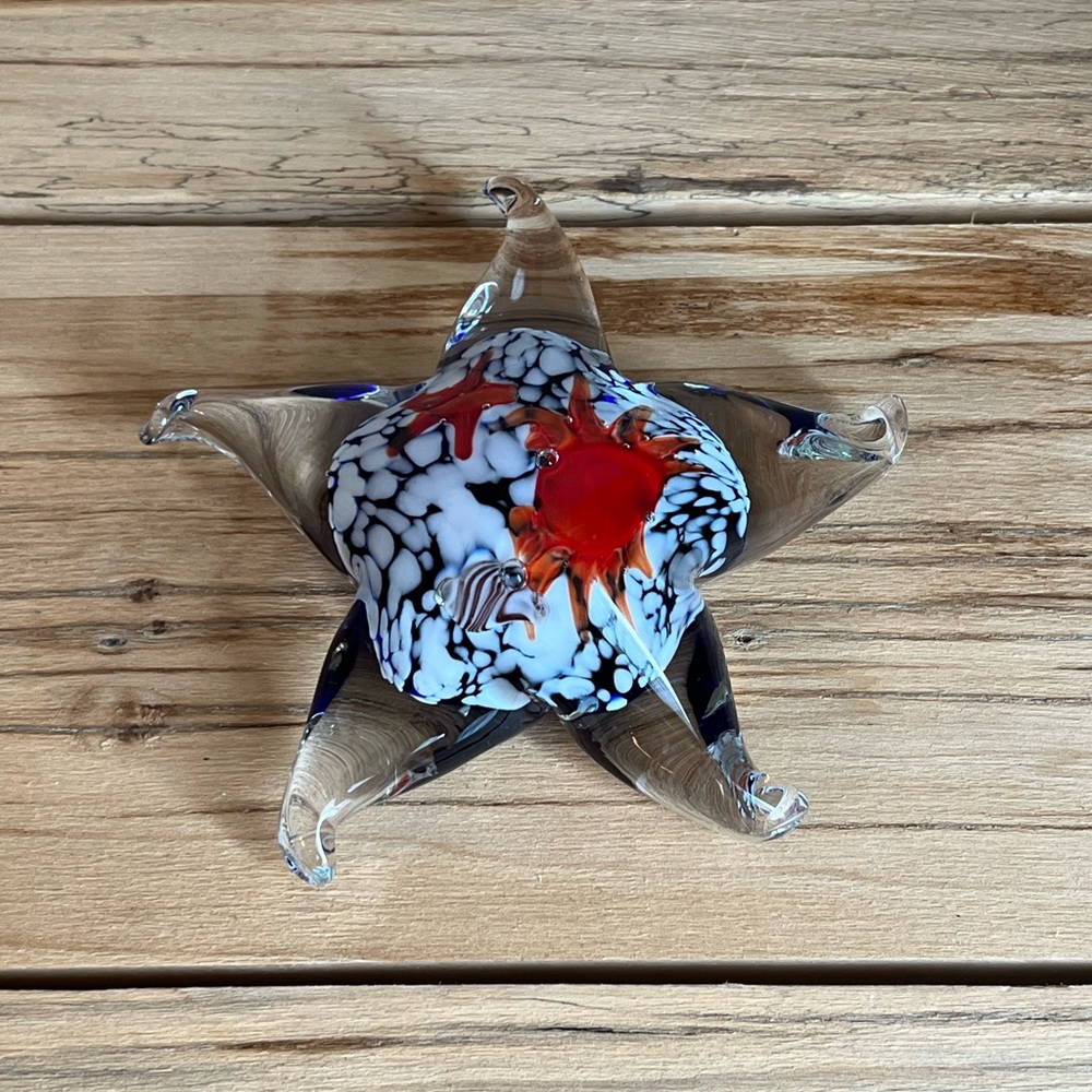 Murano Hand Blown Art Glass Star Fish With Crab Design Paperweight Figur…